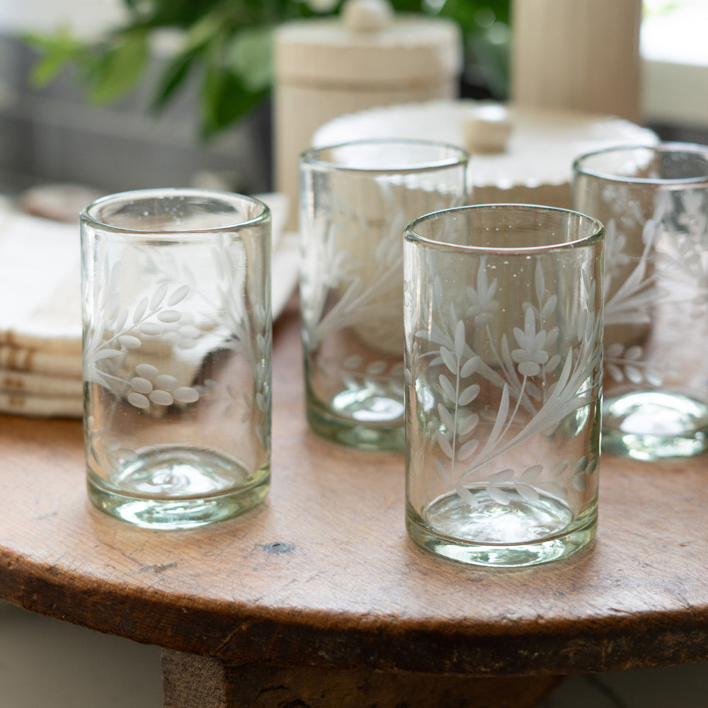 Floral Etched Drinking Glass- Short