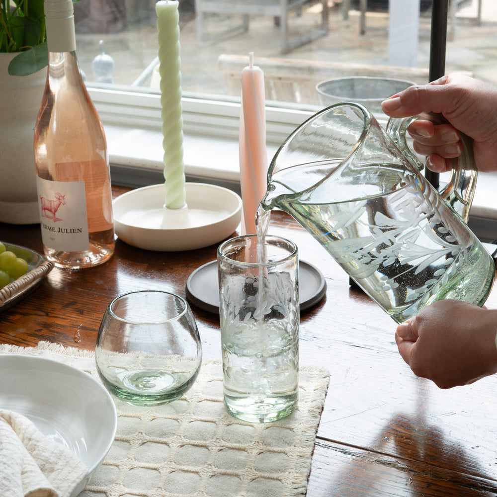 Hand Etched Floral Glass Pitcher