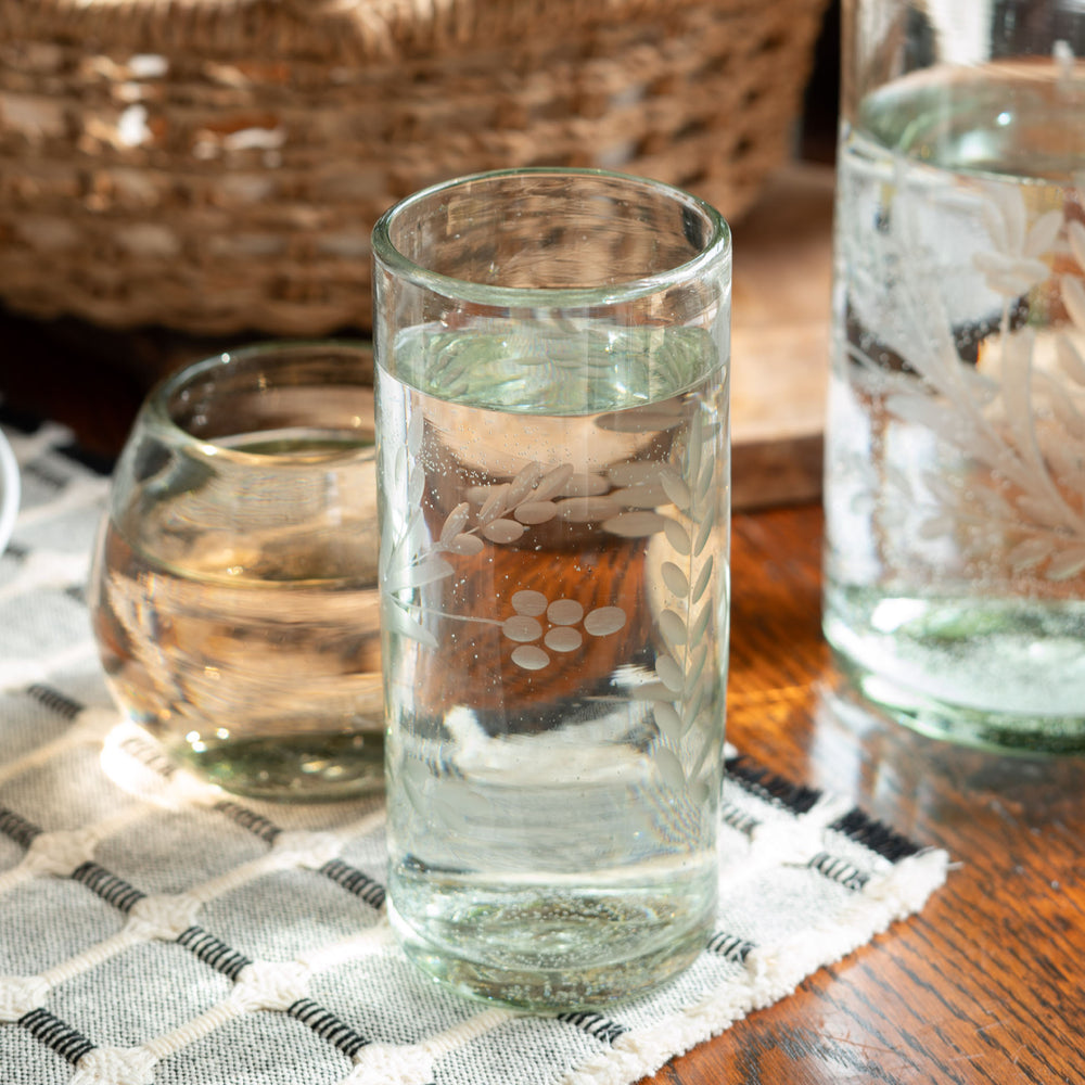 Floral Etched Drinking Glass-Tall