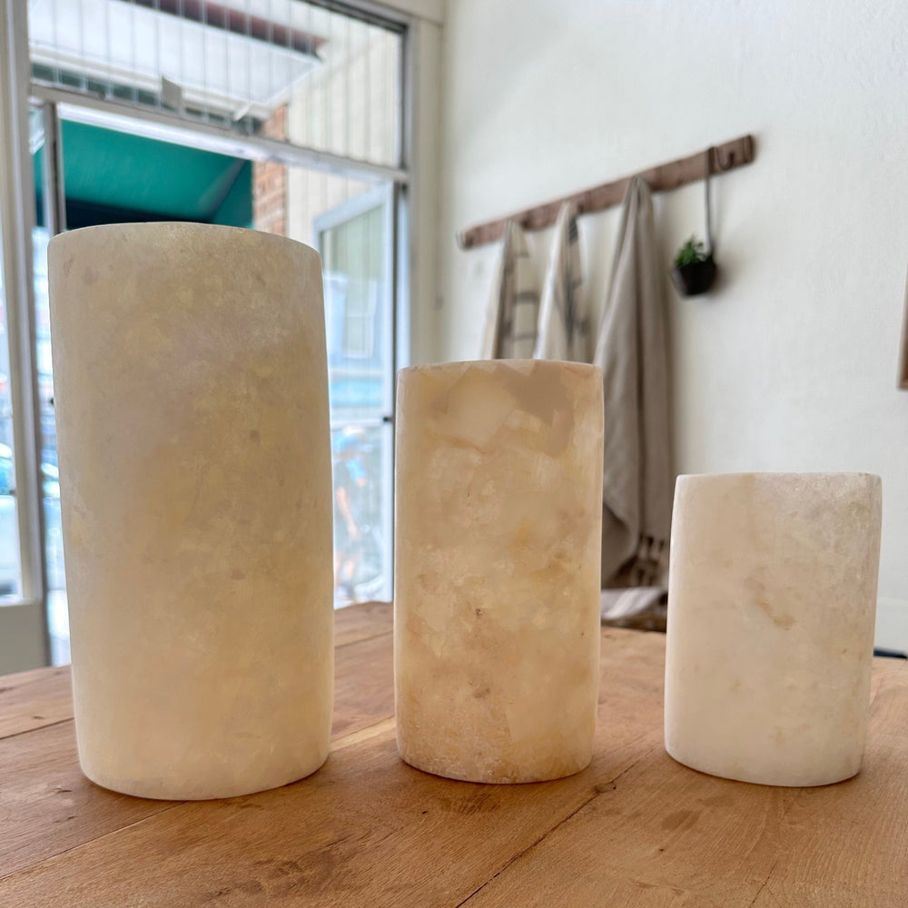 3 Brightly lit Decorative Alabaster Votive Cylindrical