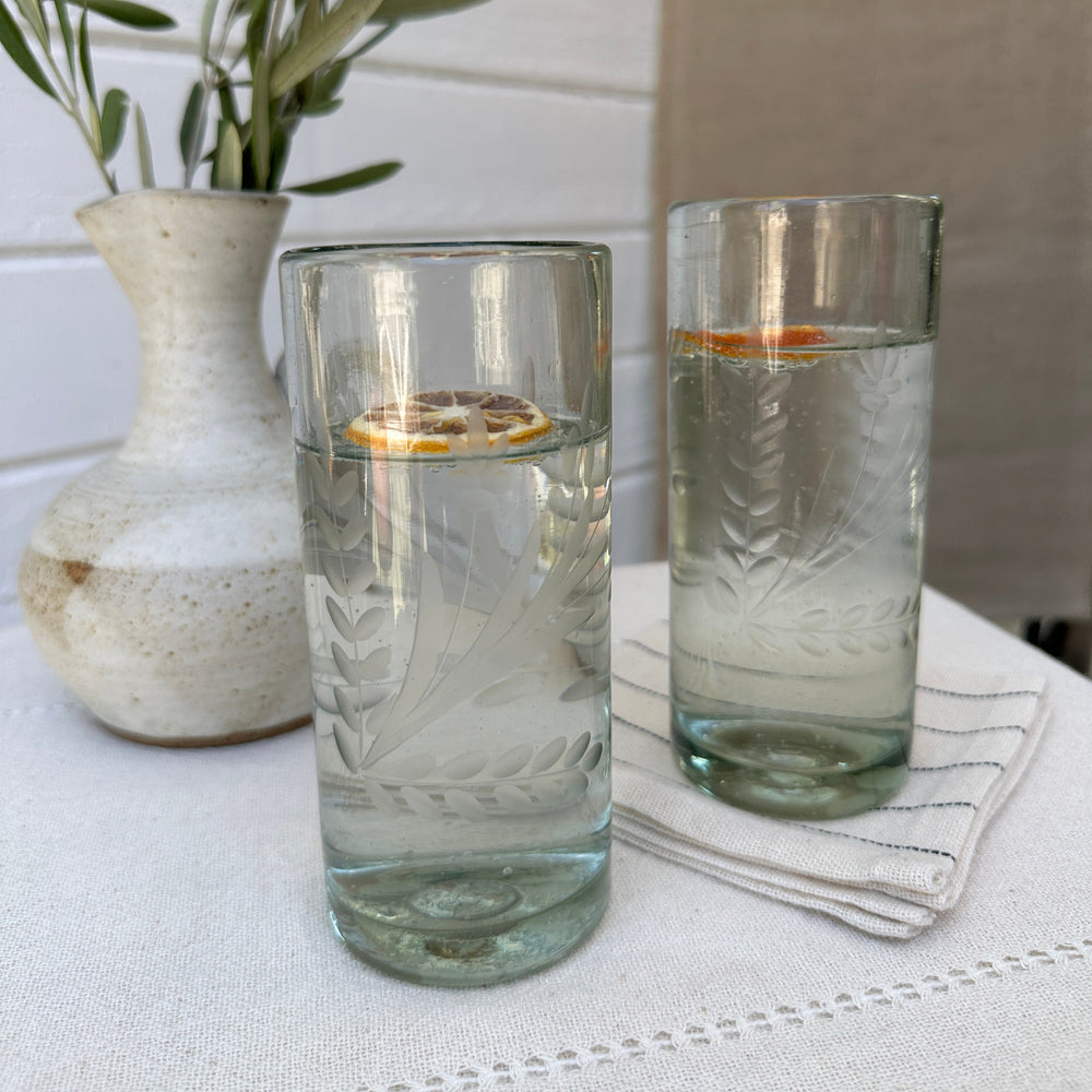Hand-Etched Recycled Glass Tall