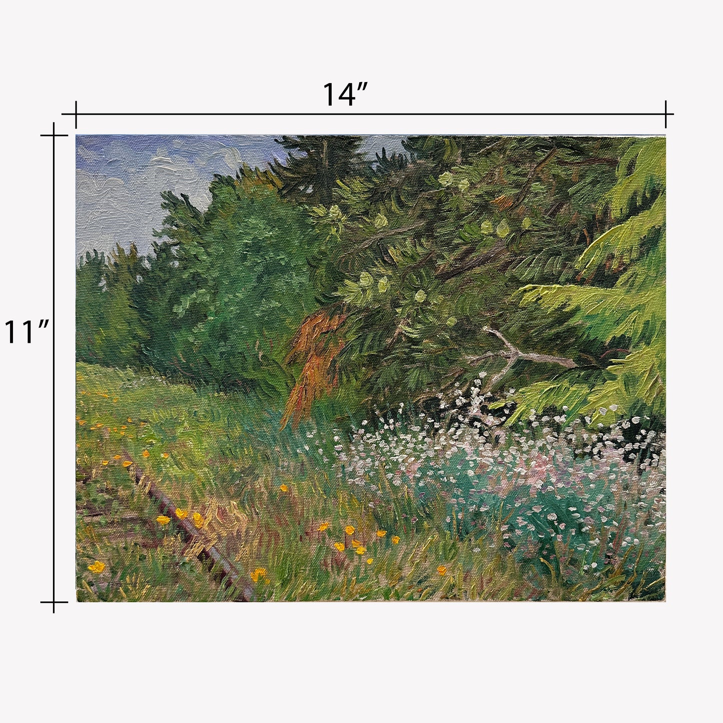 
                  
                    Painting of a natural landscape with trees and flowers, labeled with dimensions.
                  
                