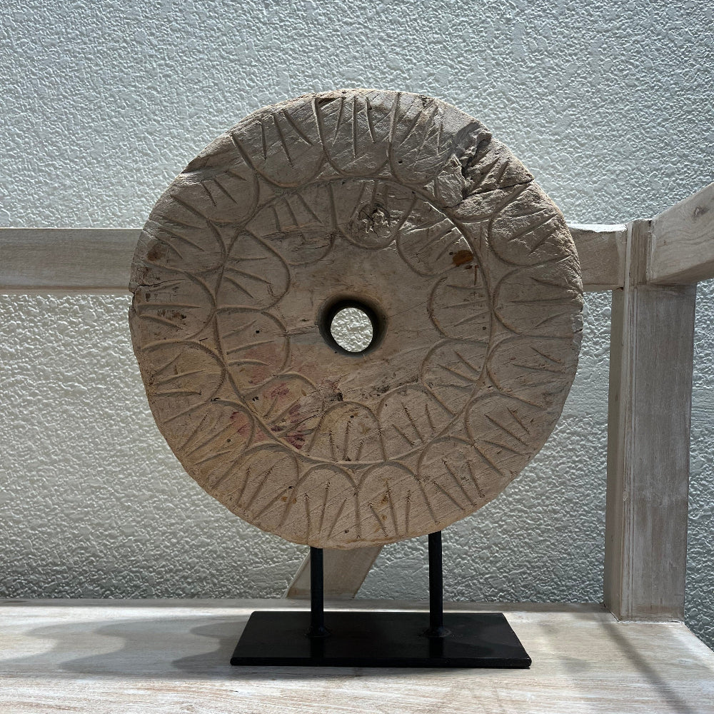 Wooden Ox Cart Wheel on Stand 1