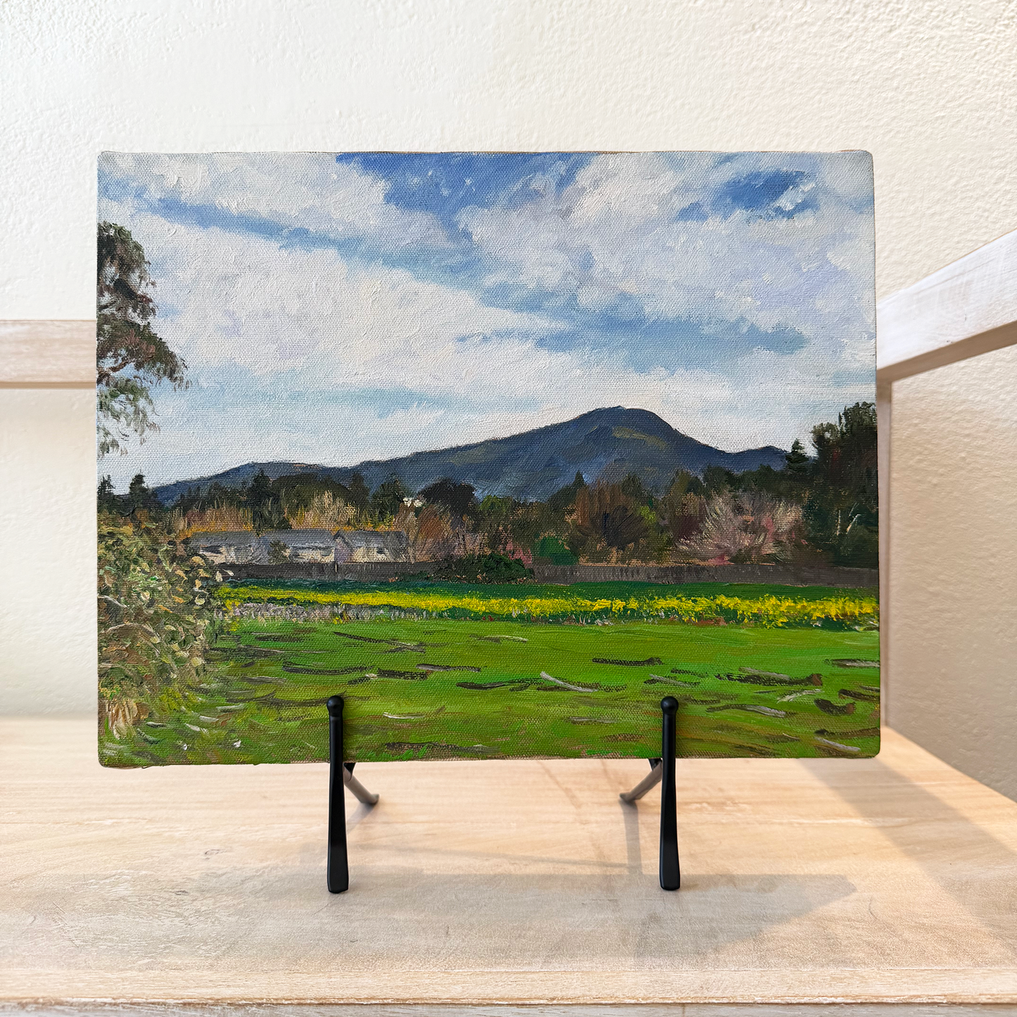 Canvas print of a landscape with mountains and fields on a wooden surface.